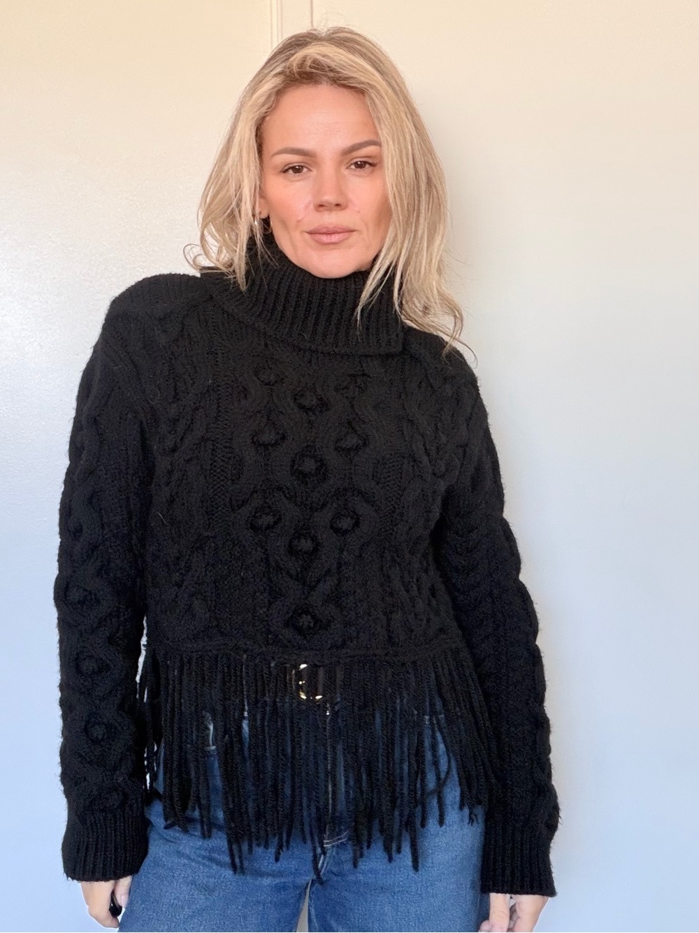 Zara Black Cable-Knit Turtleneck Sweater with Fringe Hem